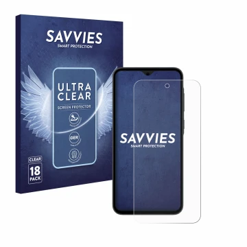 Vorderseite einer Produktverpackung mit dem Markenlogo Savvies. Daneben ist das Gerät Samsung Galaxy A35 5G mit dem zugehörige