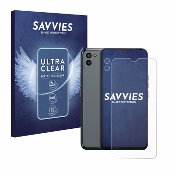 Vorderseite einer Produktverpackung mit dem Markenlogo Savvies. Daneben ist das Gerät Gigaset GS5 PRO SE (Display+Kamera) mit 