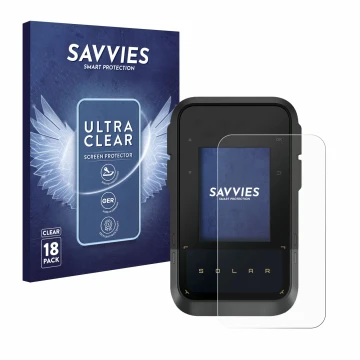 Vorderseite einer Produktverpackung mit dem Markenlogo Savvies. Daneben ist das Gerät Garmin eTrex Solar mit dem zugehörigen D