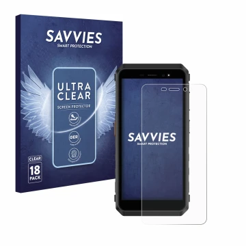 Vorderseite einer Produktverpackung mit dem Markenlogo Savvies. Daneben ist das Gerät Ulefone Power Armor X11 Pro mit dem zuge