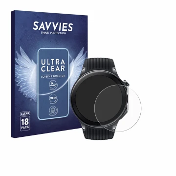 Vorderseite einer Produktverpackung mit dem Markenlogo Savvies. Daneben ist das Gerät OnePlus Watch 2 mit dem zugehörigen Disp