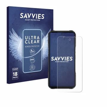 Vorderseite einer Produktverpackung mit dem Markenlogo Savvies. Daneben ist das Gerät Doogee V20S mit dem zugehörigen Displays