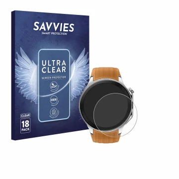 Vorderseite einer Produktverpackung mit dem Markenlogo Savvies. Daneben ist das Gerät Oppo Watch X mit dem zugehörigen Display