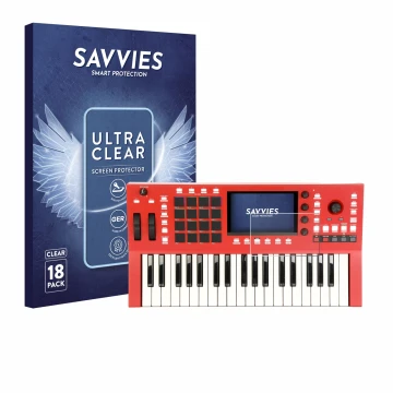 Vorderseite einer Produktverpackung mit dem Markenlogo Savvies. Daneben ist das Gerät Akai Professional MPC Key 37 mit dem zug
