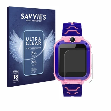 Vorderseite einer Produktverpackung mit dem Markenlogo Savvies. Daneben ist das Gerät Bothergu Kids Smartwatch Q12 mit dem zug