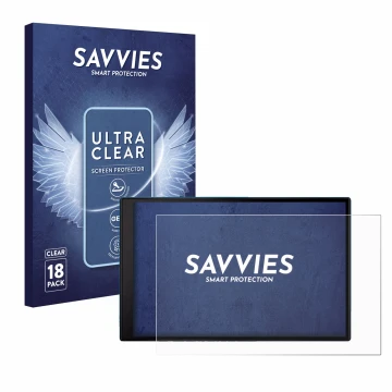 Vorderseite einer Produktverpackung mit dem Markenlogo Savvies. Daneben ist das Gerät Garmin DriveSmart 86 MT-S mit dem zugehö