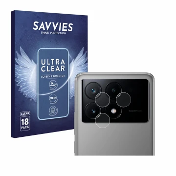 Vorderseite einer Produktverpackung mit dem Markenlogo Savvies. Daneben ist das Gerät Xiaomi Poco X6 Pro (NUR Kameraschutz) mi
