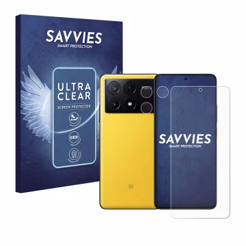Vorderseite einer Produktverpackung mit dem Markenlogo Savvies. Daneben ist das Gerät Xiaomi Poco X6 Pro (Display+Kamera) mit 