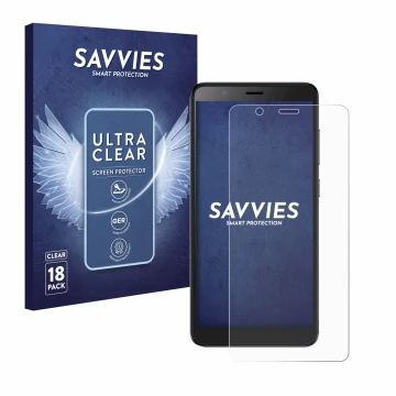 Vorderseite einer Produktverpackung mit dem Markenlogo Savvies. Daneben ist das Gerät ZTE Blade A32 mit dem zugehörigen Displa