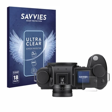Vorderseite einer Produktverpackung mit dem Markenlogo Savvies. Daneben ist das Gerät Leica SL3 (Schulterdisplay) mit dem zuge