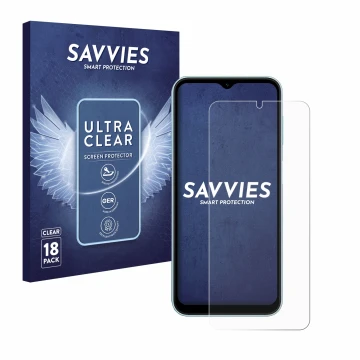 Vorderseite einer Produktverpackung mit dem Markenlogo Savvies. Daneben ist das Gerät Samsung Galaxy M15 mit dem zugehörigen D