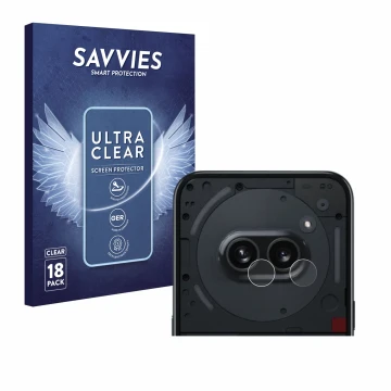 Vorderseite einer Produktverpackung mit dem Markenlogo Savvies. Daneben ist das Gerät Nothing Phone (2a) (NUR Kameraschutz) mi
