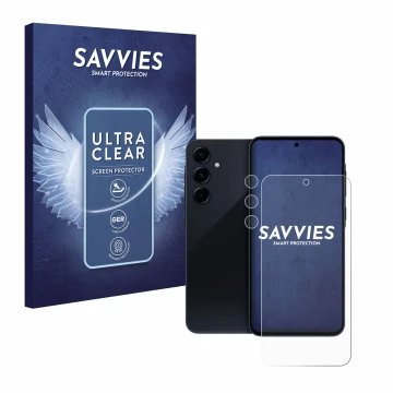 Vorderseite einer Produktverpackung mit dem Markenlogo Savvies. Daneben ist das Gerät Samsung Galaxy A55 5G (Display+Kamera) m
