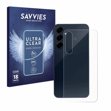 Vorderseite einer Produktverpackung mit dem Markenlogo Savvies. Daneben ist das Gerät Samsung Galaxy A35 5G (Rückseite) mit de