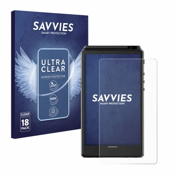 Vorderseite einer Produktverpackung mit dem Markenlogo Savvies. Daneben ist das Gerät Hiby R6 III mit dem zugehörigen Displays