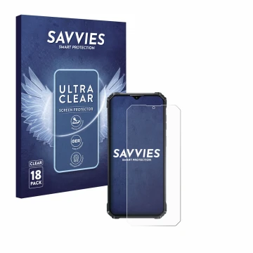 Vorderseite einer Produktverpackung mit dem Markenlogo Savvies. Daneben ist das Gerät Oukitel WP36 mit dem zugehörigen Display