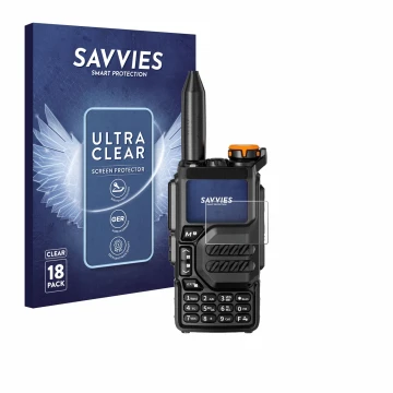 Vorderseite einer Produktverpackung mit dem Markenlogo Savvies. Daneben ist das Gerät Quansheng UV-K5 mit dem zugehörigen Disp