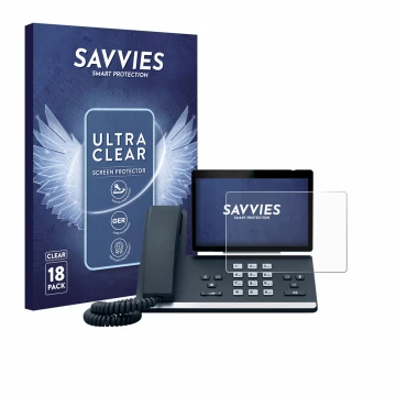 Vorderseite einer Produktverpackung mit dem Markenlogo Savvies. Daneben ist das Gerät Yealink SIP-T57W mit dem zugehörigen Dis