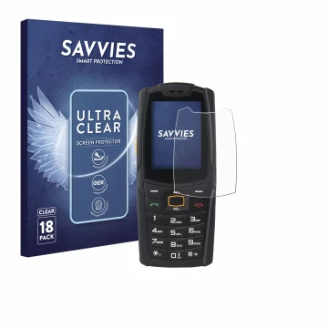 Vorderseite einer Produktverpackung mit dem Markenlogo Savvies. Daneben ist das Gerät AGM M6 mit dem zugehörigen Displayschutz