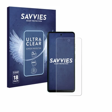 Vorderseite einer Produktverpackung mit dem Markenlogo Savvies. Daneben ist das Gerät Motorola Moto G04s mit dem zugehörigen D