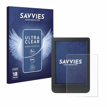 Vorderseite einer Produktverpackung mit dem Markenlogo Savvies. Daneben ist das Gerät Kobo Clara Colour mit dem zugehörigen Di