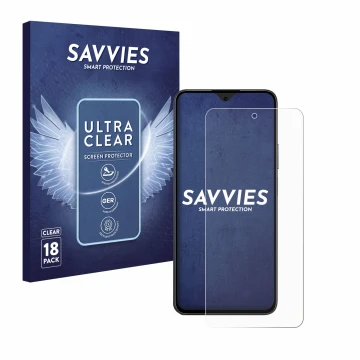 Vorderseite einer Produktverpackung mit dem Markenlogo Savvies. Daneben ist das Gerät Honor 90 Smart mit dem zugehörigen Displ