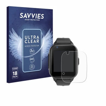 Vorderseite einer Produktverpackung mit dem Markenlogo Savvies. Daneben ist das Gerät Leotec Kids Allo Plus 4G mit dem zugehör