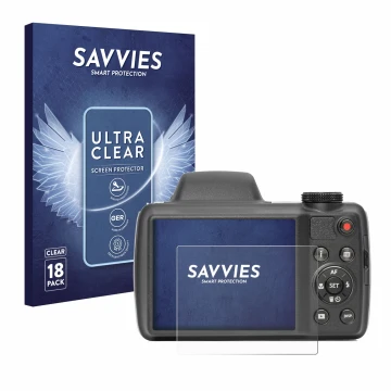 Vorderseite einer Produktverpackung mit dem Markenlogo Savvies. Daneben ist das Gerät Kodak Pixpro AZ528 mit dem zugehörigen D