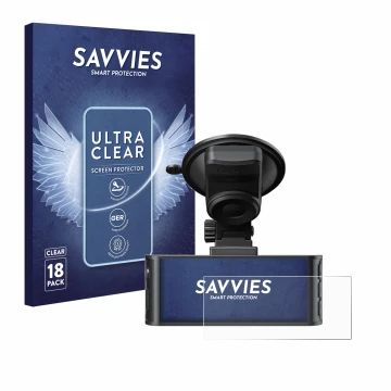 Vorderseite einer Produktverpackung mit dem Markenlogo Savvies. Daneben ist das Gerät Redtiger F7NS 4K mit dem zugehörigen Dis