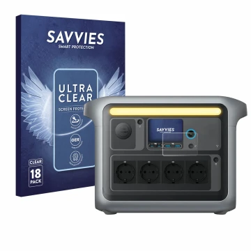 Vorderseite einer Produktverpackung mit dem Markenlogo Savvies. Daneben ist das Gerät Anker SOLIX C1000X mit dem zugehörigen D
