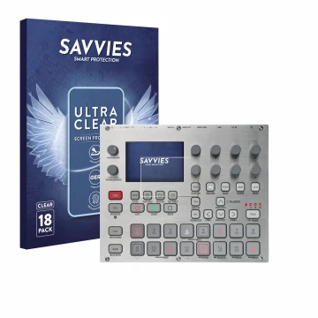 Vorderseite einer Produktverpackung mit dem Markenlogo Savvies. Daneben ist das Gerät Elektron Syntakt E25 Remix Edition mit d