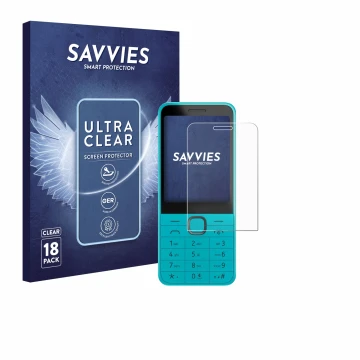 Vorderseite einer Produktverpackung mit dem Markenlogo Savvies. Daneben ist das Gerät Nokia 235 4G (2024) mit dem zugehörigen 