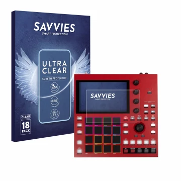 Vorderseite einer Produktverpackung mit dem Markenlogo Savvies. Daneben ist das Gerät Akai MPC One+ mit dem zugehörigen Displa