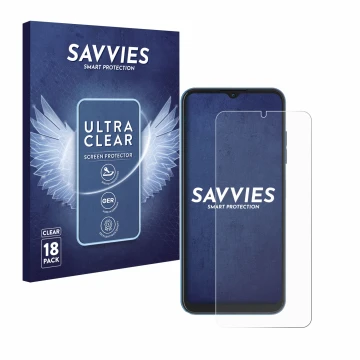 Vorderseite einer Produktverpackung mit dem Markenlogo Savvies. Daneben ist das Gerät Hotwav Note 13 mit dem zugehörigen Displ