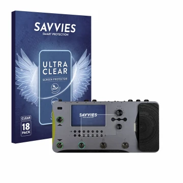 Vorderseite einer Produktverpackung mit dem Markenlogo Savvies. Daneben ist das Gerät Mooer GE1000 mit dem zugehörigen Display