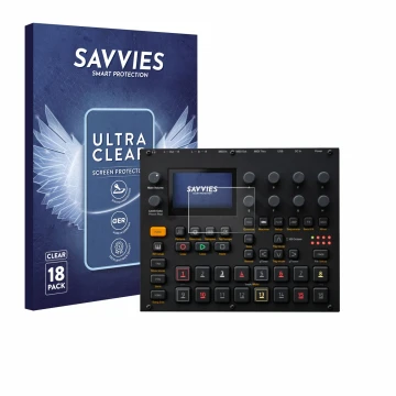 Vorderseite einer Produktverpackung mit dem Markenlogo Savvies. Daneben ist das Gerät Elektron Digitakt II mit dem zugehörigen