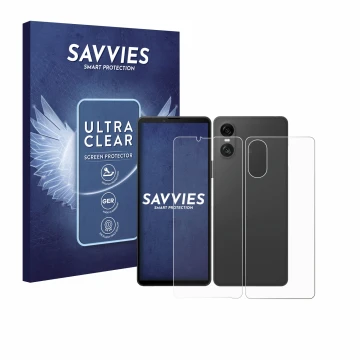 Vorderseite einer Produktverpackung mit dem Markenlogo Savvies. Daneben ist das Gerät Sony Xperia 10 VI (Display+Rückseite) mi