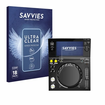Vorderseite einer Produktverpackung mit dem Markenlogo Savvies. Daneben ist das Gerät Pioneer XDJ -700 mit dem zugehörigen Dis