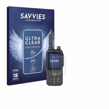 Vorderseite einer Produktverpackung mit dem Markenlogo Savvies. Daneben ist das Gerät Inrico T320 mit dem zugehörigen Displays