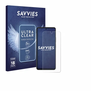 Vorderseite einer Produktverpackung mit dem Markenlogo Savvies. Daneben ist das Gerät Oppo A79 5G mit dem zugehörigen Displays