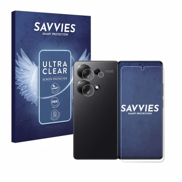 Vorderseite einer Produktverpackung mit dem Markenlogo Savvies. Daneben ist das Gerät Xiaomi Redmi Note 13 Pro 4G (Display+Kam