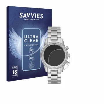 Vorderseite einer Produktverpackung mit dem Markenlogo Savvies. Daneben ist das Gerät Michael Kors Ritz MK6428 mit dem zugehör