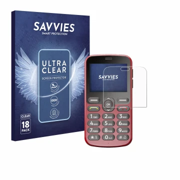 Vorderseite einer Produktverpackung mit dem Markenlogo Savvies. Daneben ist das Gerät Doro 1880 mit dem zugehörigen Displaysch