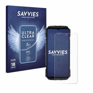 Vorderseite einer Produktverpackung mit dem Markenlogo Savvies. Daneben ist das Gerät Doogee S118 mit dem zugehörigen Displays