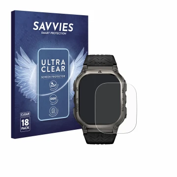 Vorderseite einer Produktverpackung mit dem Markenlogo Savvies. Daneben ist das Gerät Kospet Tank M3 mit dem zugehörigen Displ
