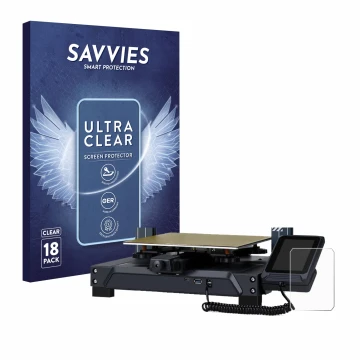 Vorderseite einer Produktverpackung mit dem Markenlogo Savvies. Daneben ist das Gerät Elegoo Neptun 4 mit dem zugehörigen Disp
