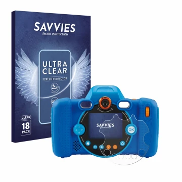 Vorderseite einer Produktverpackung mit dem Markenlogo Savvies. Daneben ist das Gerät Vtech Kidizoom Duo FX mit dem zugehörige