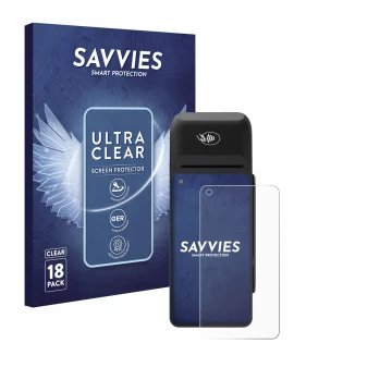Vorderseite einer Produktverpackung mit dem Markenlogo Savvies. Daneben ist das Gerät Verifone T650c mit dem zugehörigen Displ