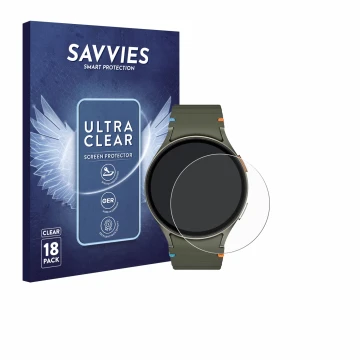 Vorderseite einer Produktverpackung mit dem Markenlogo Savvies. Daneben ist das Gerät Samsung Galaxy Watch 7 (44 mm) mit dem z