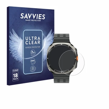 Vorderseite einer Produktverpackung mit dem Markenlogo Savvies. Daneben ist das Gerät Samsung Galaxy Watch Ultra (47 mm) mit d
